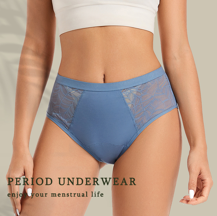Cueca de per&iacute;odo de renda de cintura alta de bambu | Calcinha menstrual de maternidade &agrave; prova de vazamento de 4 camadas OEM - bloqueio l&iacute;quido colado, prote&ccedil;&atilde;o de 8 horas, multicertificada, atacado e marca pr&oacute;pria