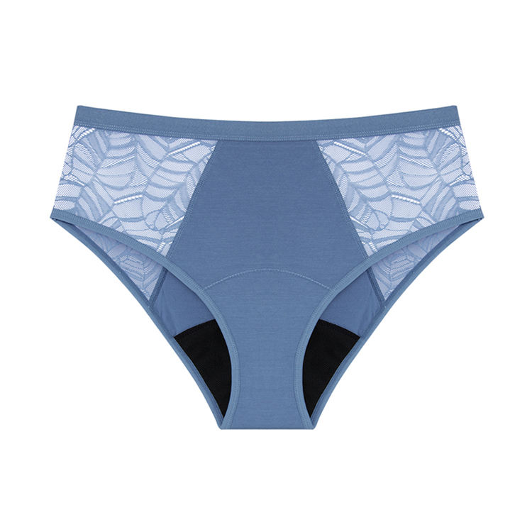 Cueca de per&iacute;odo de renda de cintura alta de bambu | Calcinha menstrual de maternidade &agrave; prova de vazamento de 4 camadas OEM - bloqueio l&iacute;quido colado, prote&ccedil;&atilde;o de 8 horas, multicertificada, atacado e marca pr&oacute;pria