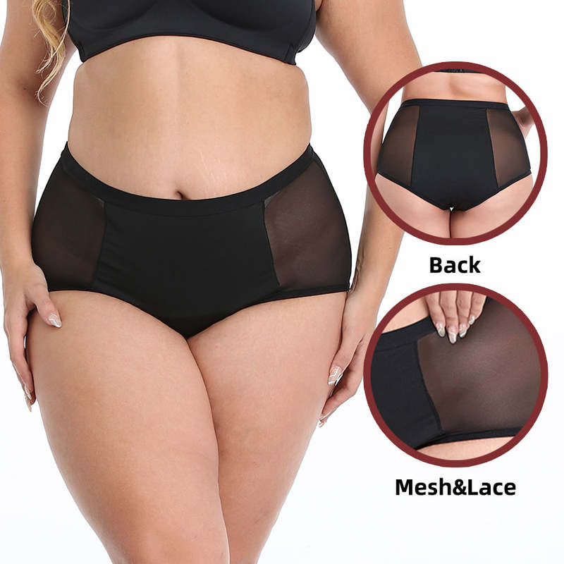 Ropa interior de &eacute;poca de cintura alta de talla grande | Calzoncillos de malla a prueba de fugas OEM: 82 % nailon, refuerzo de 4 capas, abertura de pierna impermeable, XS-3XL, venta al por mayor y personalizaci&oacute;n completa de OEM