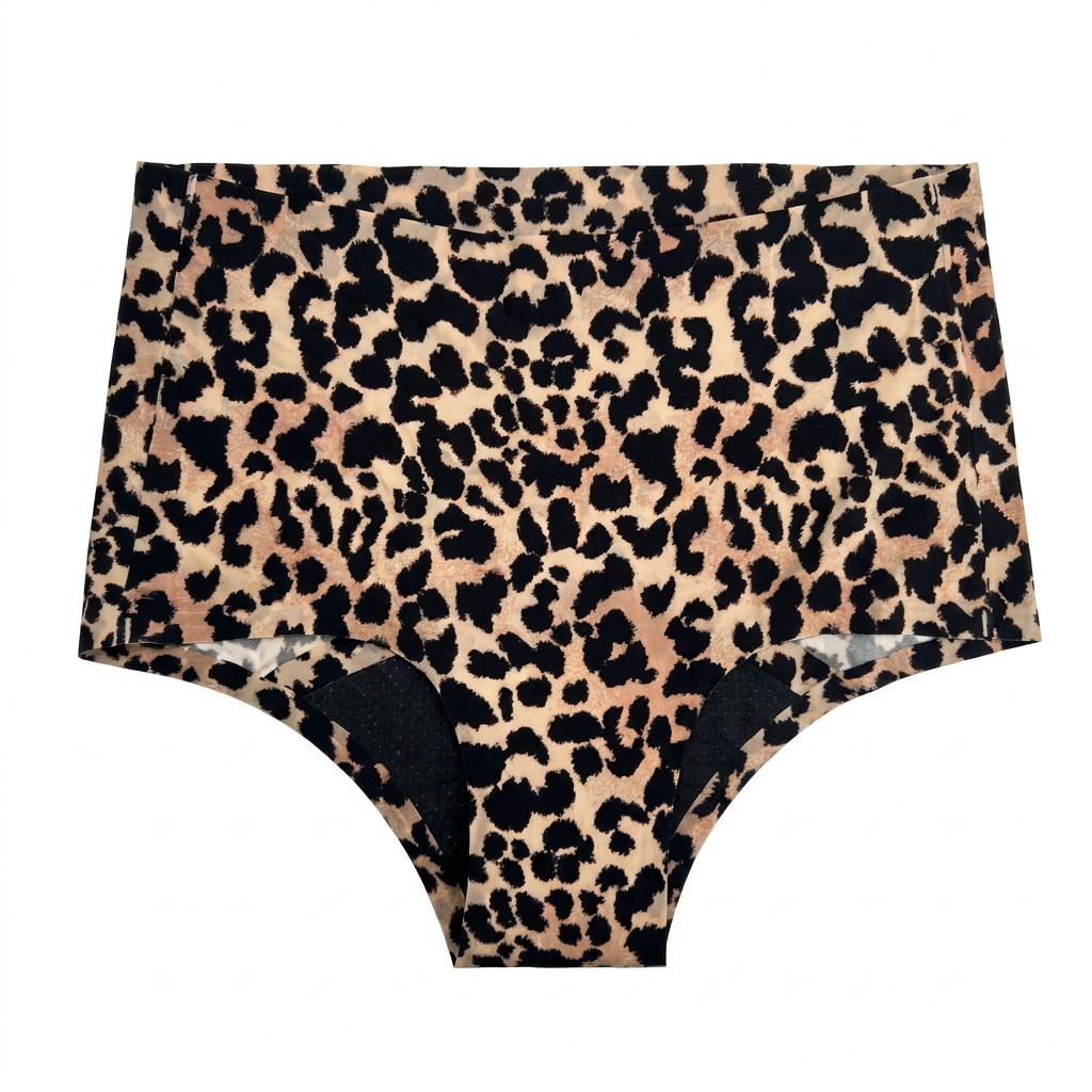 Mutandine mestruali con stampa leopardata | OEM a 4 strati a flusso pesante a vita media | Produttore di biancheria intima d'epoca dal design personalizzato