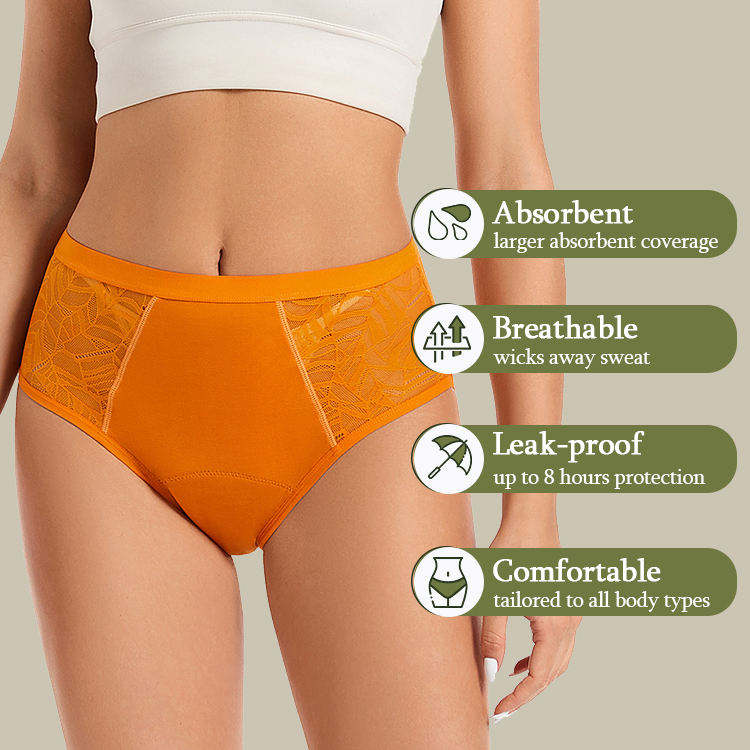 Cueca de per&iacute;odo de renda de cintura alta de bambu | Calcinha menstrual de maternidade &agrave; prova de vazamento de 4 camadas OEM - bloqueio l&iacute;quido colado, prote&ccedil;&atilde;o de 8 horas, multicertificada, atacado e marca pr&oacute;pria